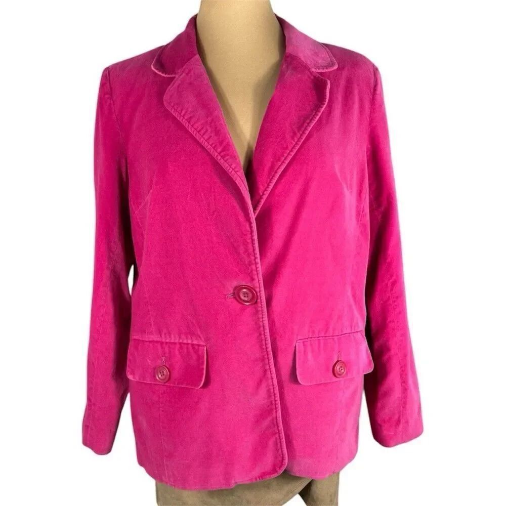 D&Co Sz M 100% Cotton Hot Pink Velvet Blazer Womans Button Up Lined BarbieCore
